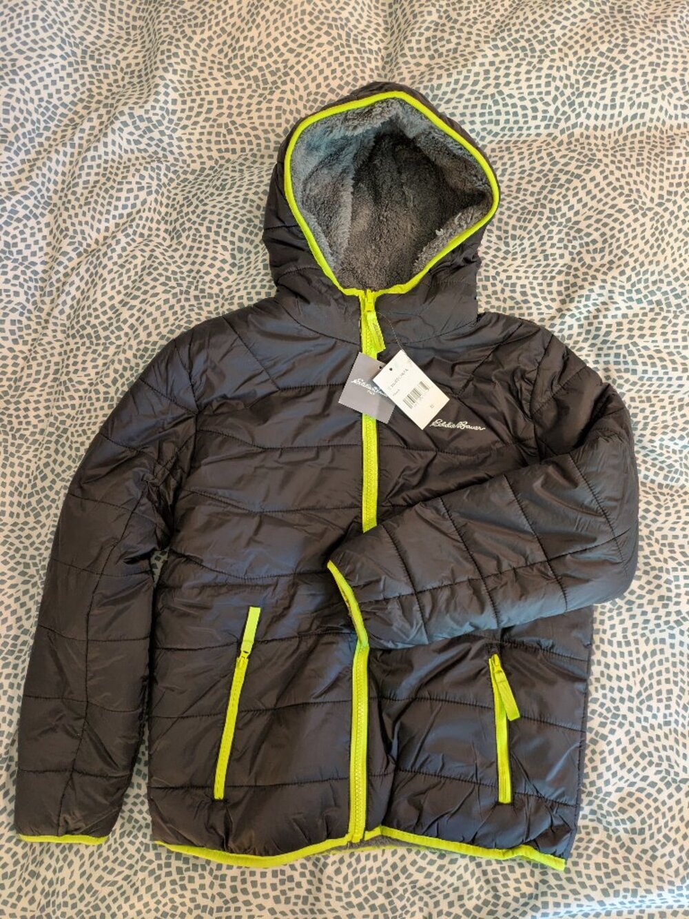 Eddie Bauer Boys' Reversible Jacket Size M - Waterproof Puffer Fleece Lined Hood